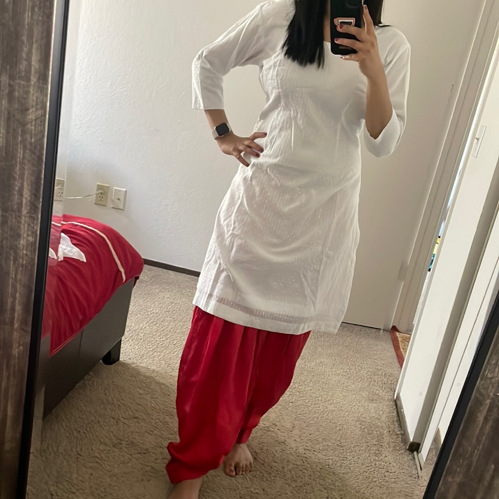 Two Piece White and Red Indian Suit / Kurta and Trousers Set